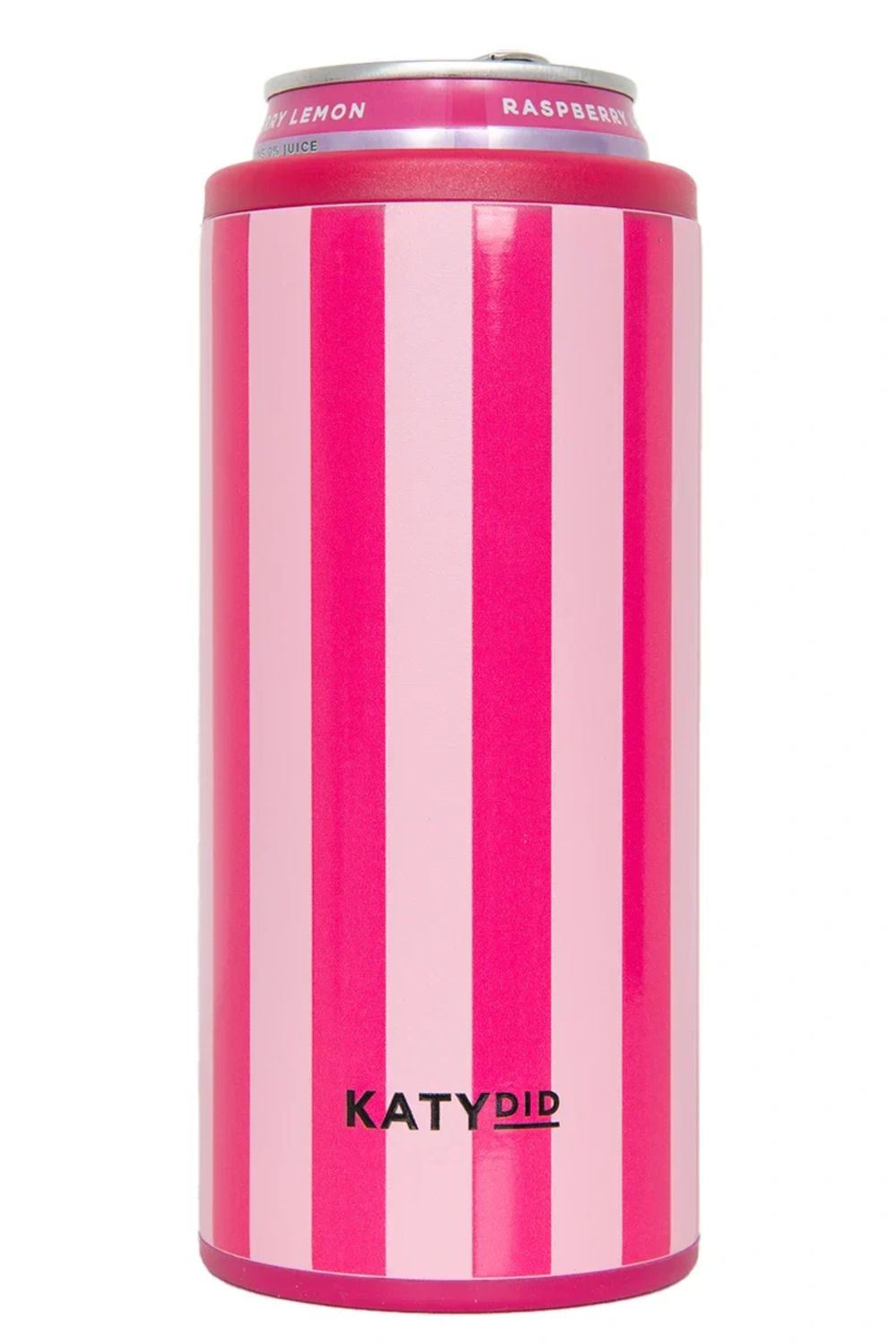 Pink and white striped can cooler with 'KATYDID' branding on a white background