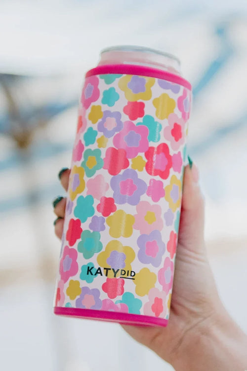 A can cooler with a colorful floral pattern in pink, yellow, teal, and purple, featuring the brand name KATYDID near the bottom.