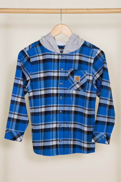 Carhartt Youth Flannel Button Front Hooded Shirt for Boys in Blue