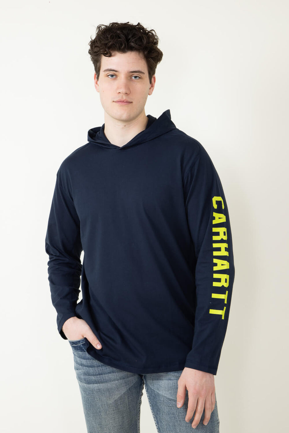 Carhartt Force Relaxed Fit Midweight Long-Sleeve Logo Graphic Hooded T-Shirt | Navy | M