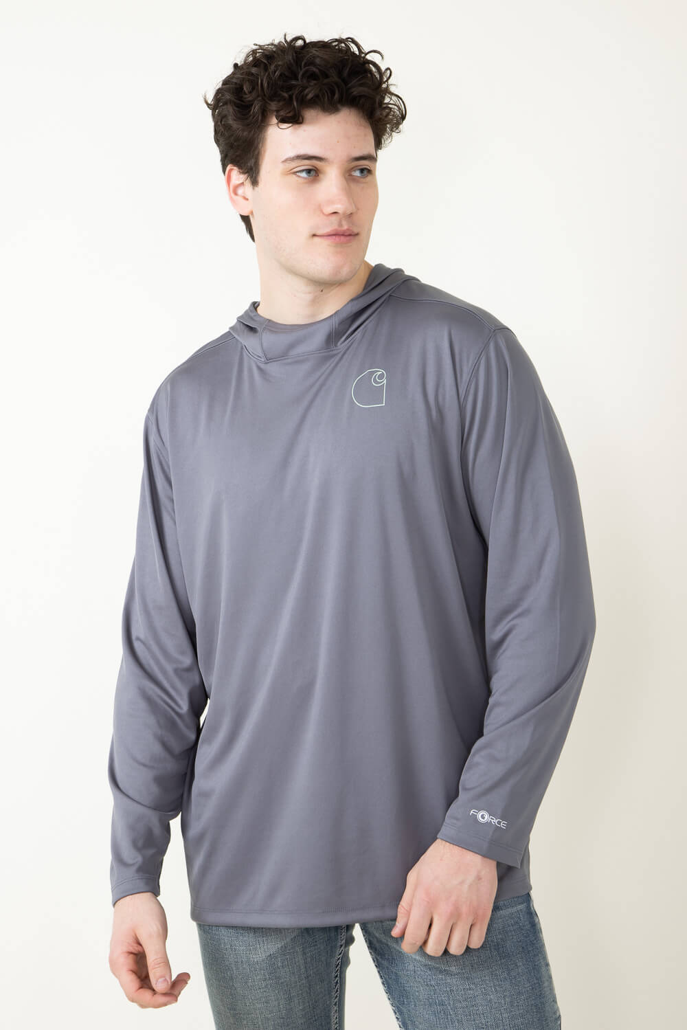 Carhartt Men's Force Sun Defender Lightweight Long-Sleeve Hooded Logo Graphic T-Shirt | Steel | XL