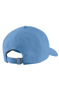 A light blue baseball cap shown from the back, featuring an adjustable strap with a silver metal buckle, set against a plain white background.