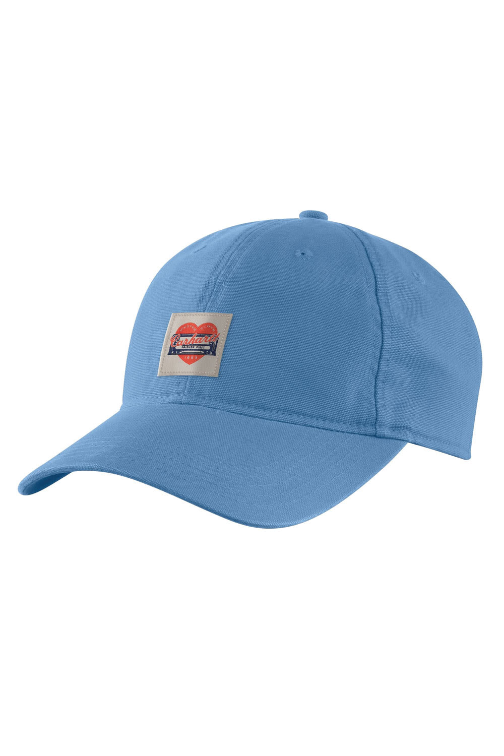 A light blue baseball cap with a small rectangular front patch featuring a red heart and the text 'Master Cloth. Carhart. Friends First. 1889'.