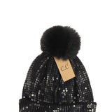 C.C Beanie Sequin Pom Beanie for Women in Black