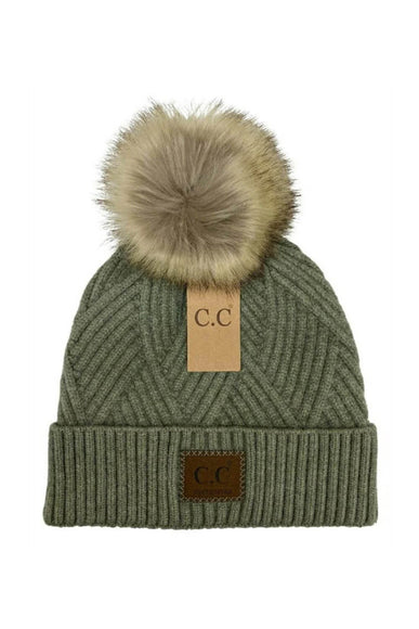C.C Beanie Crosshatched Pom Beanie for Women in Green