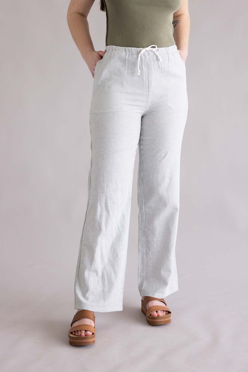 Love Tree Pinstripe Drawstring Linen Pants for Women in Mint Green