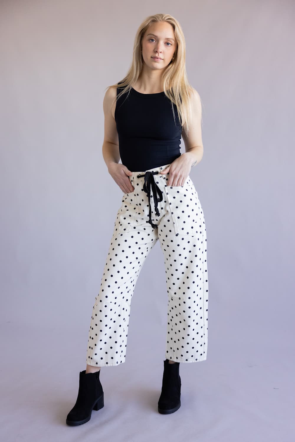 Aaron & Amber Drawstring Polka Dot Barrel Jeans for Women in Cream