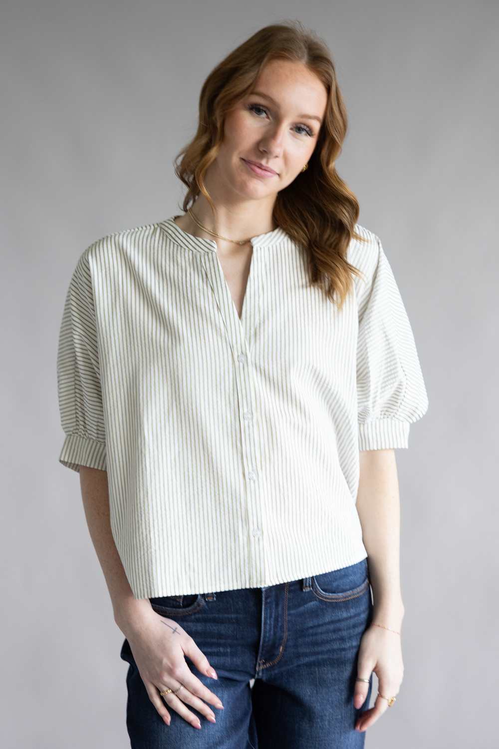 Pinstripe Split Neck Button Front Top for Women in Sage | AT8201-SAG