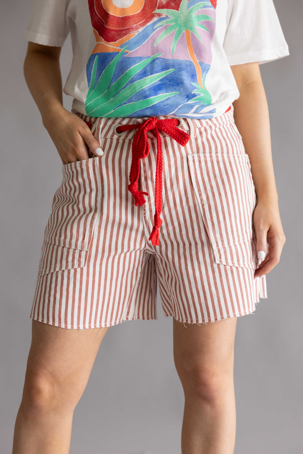 Aaron & Amber Stripe Baggy Denim Shorts for Women in Rust