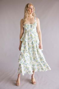 Tiered Tie Back Floral Maxi Dress for Women in White/Blue | CR2885-BLUEMULTI