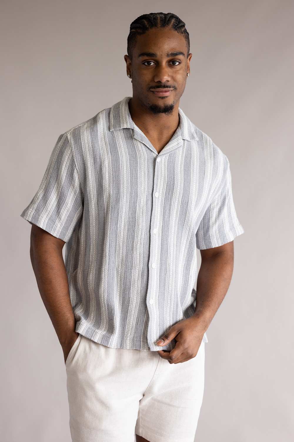 Denim & Flower Crochet Textured Button Up Shirt for Men in Grey/White