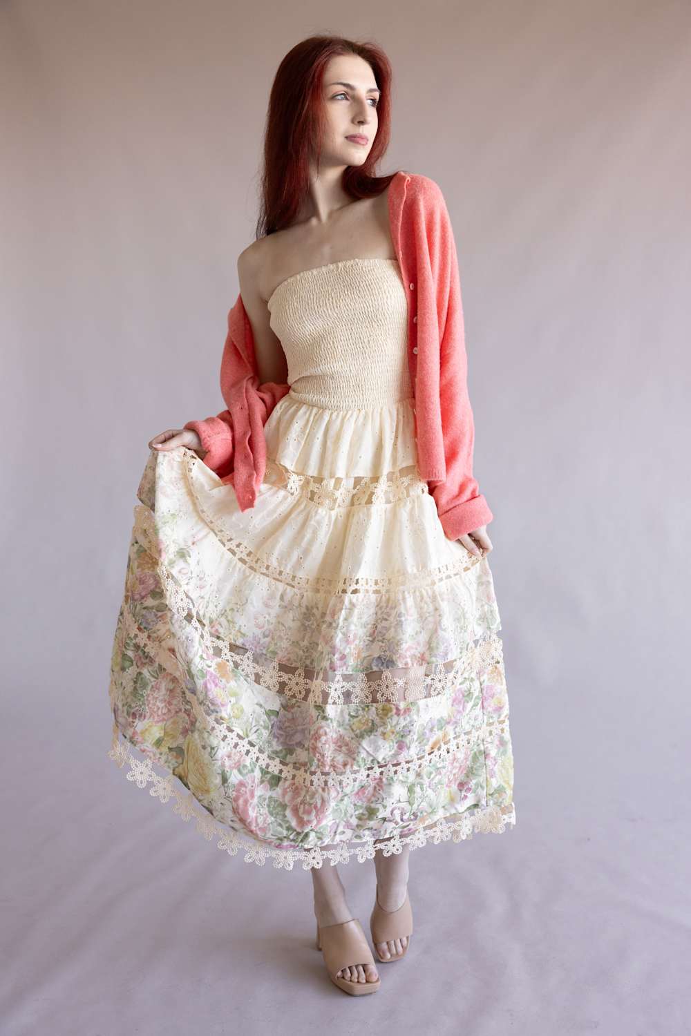 Floral Eyelet Lace Strapless Midi Dress for Women in Cream/Multi