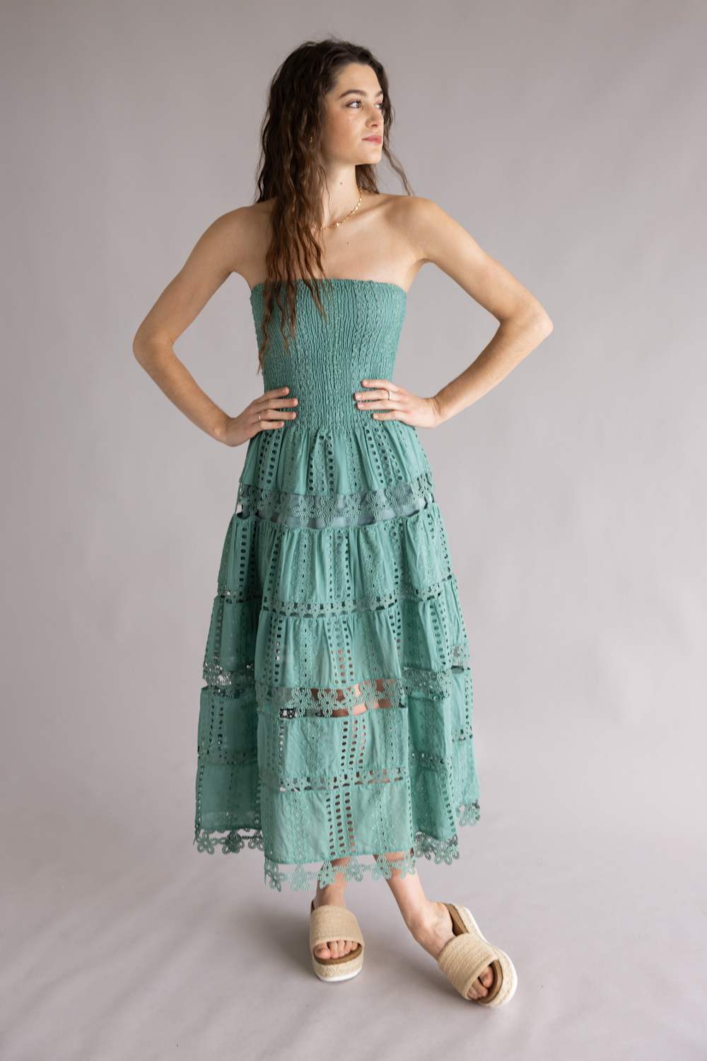 Eyelet Lace Strapless Midi Dress for Women in Beryl Green