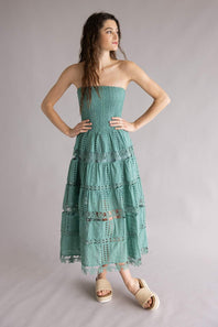 Eyelet Lace Strapless Midi Dress for Women in Beryl Green