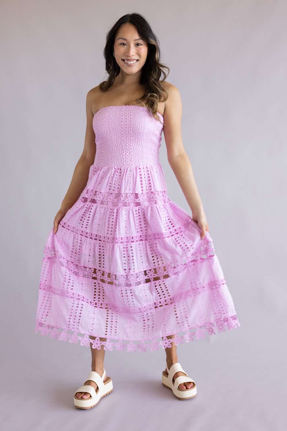 Eyelet Lace Strapless Midi Dress for Women in Mellow Mauve
