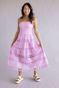 Eyelet Lace Strapless Midi Dress for Women in Mellow Mauve