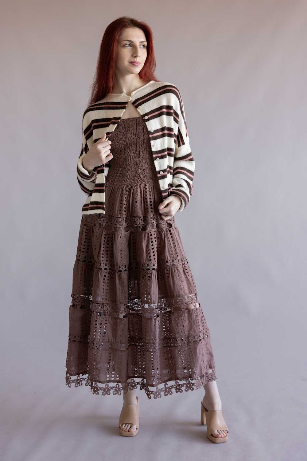 Eyelet Lace Strapless Midi Dress for Women in Nutmeg