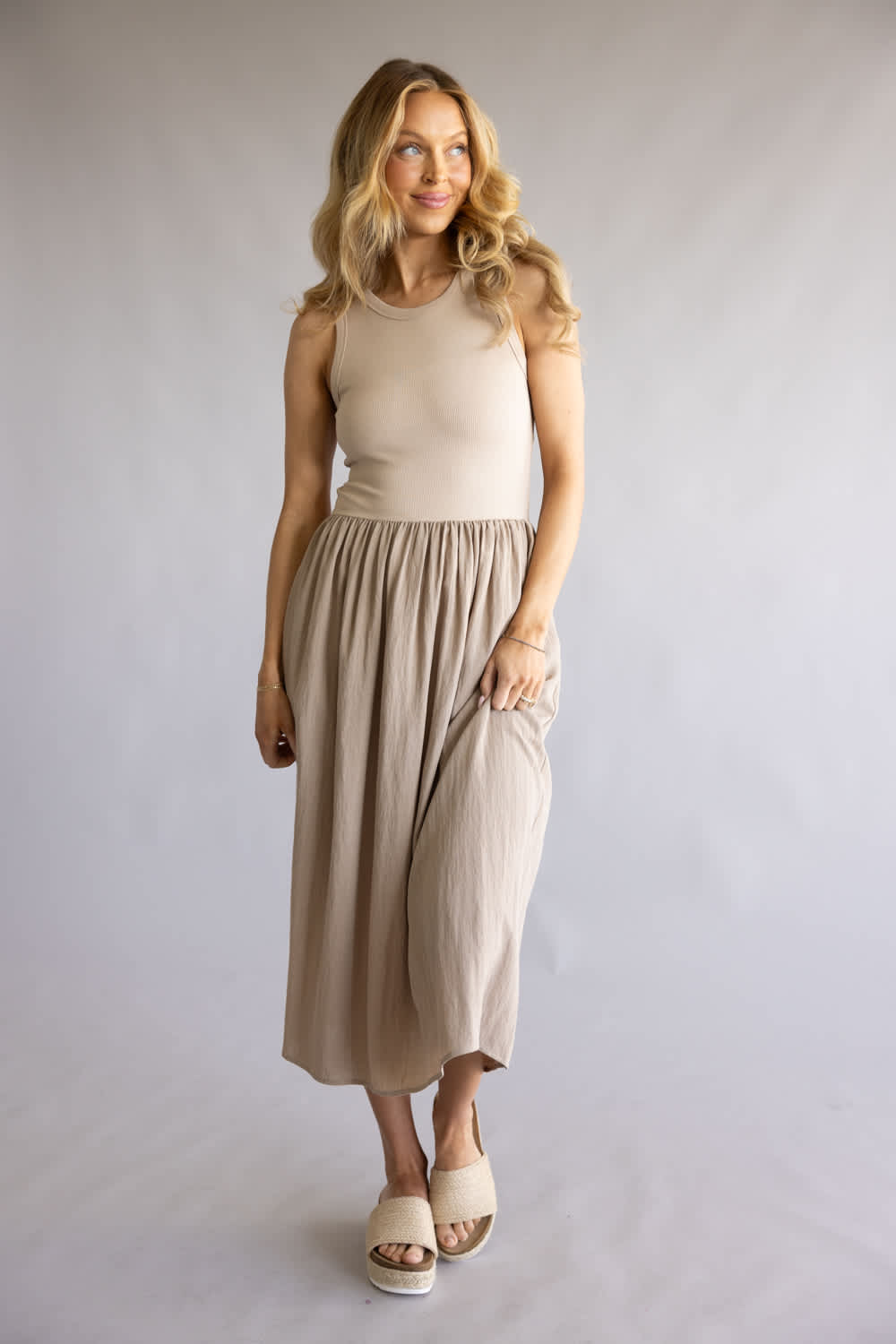 taupe midi dress Knit Contrast Midi Dress for Women in Taupe at Glik's , S