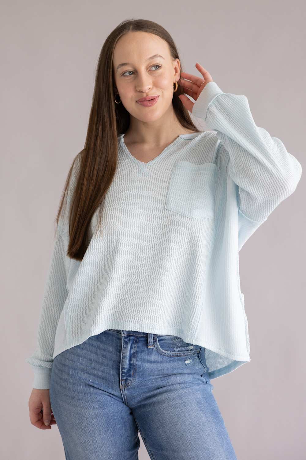  Notched V-Neck Knit Top for Women in Baby Blue 