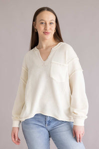 Notched V-Neck Knit Top for Women in Ivory 