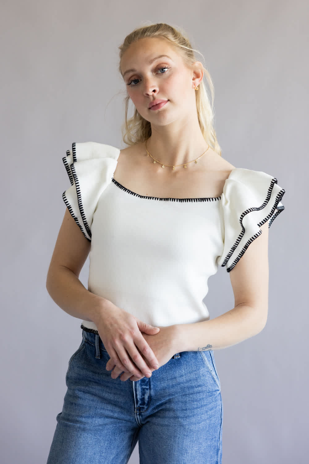 Embroidered Ruffle Sleeve Top for Women in White