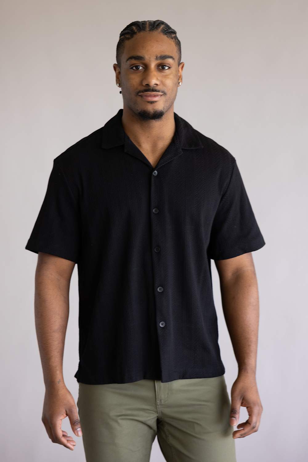 Denim & Flower Stripe Textured Button Up Shirt for Men in Black