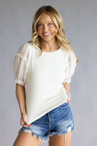 Textured Frill Puff Sleeve Top for Women in Cream