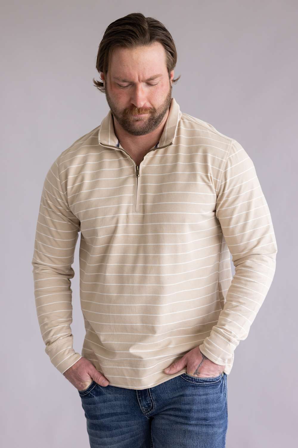 Weatherproof Vintage Striped Quarter Zip for Men in Bleached Sand