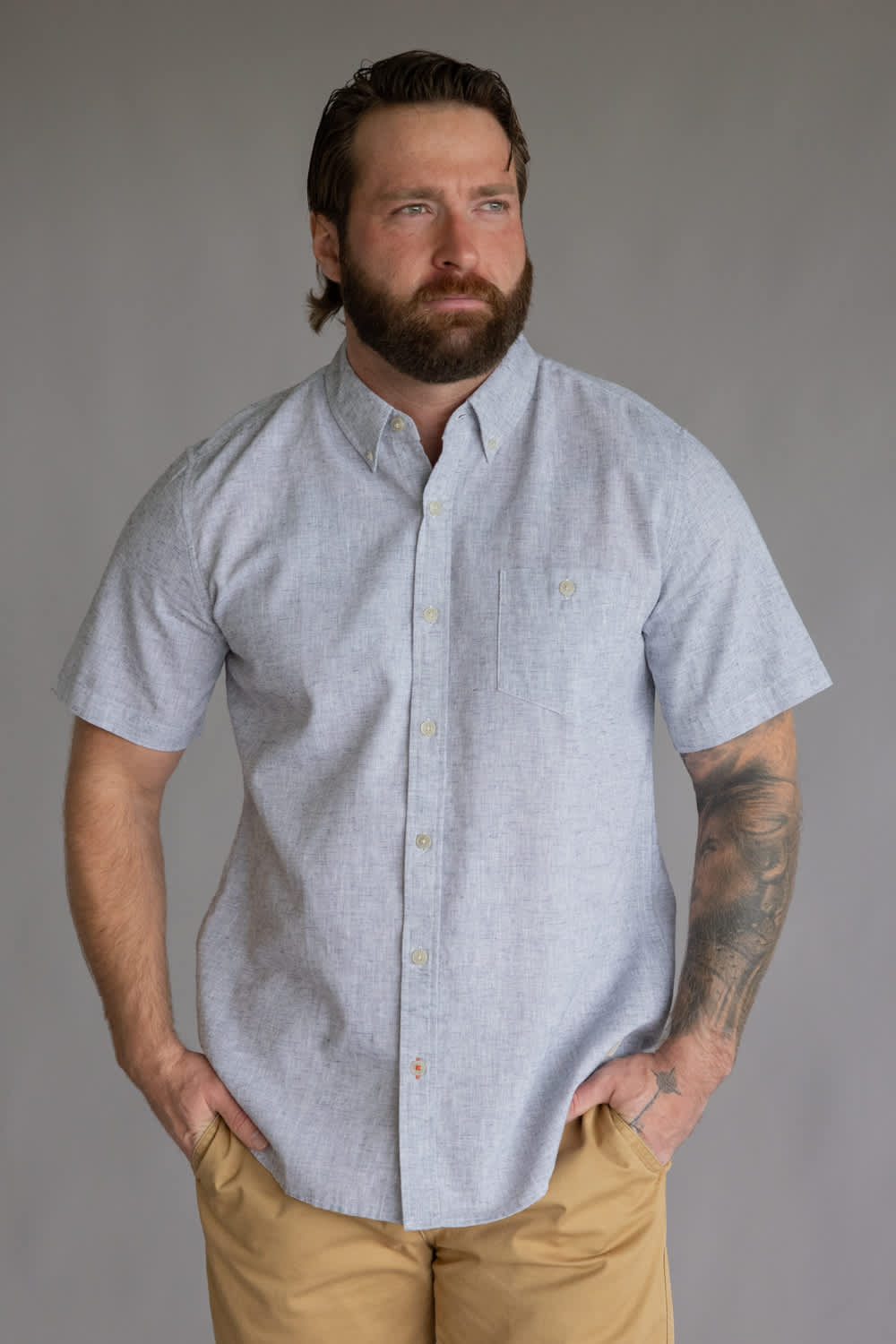 Weatherproof Vintage Cotton Linen Solid Button Up Shirt for Men in Maritime Blue