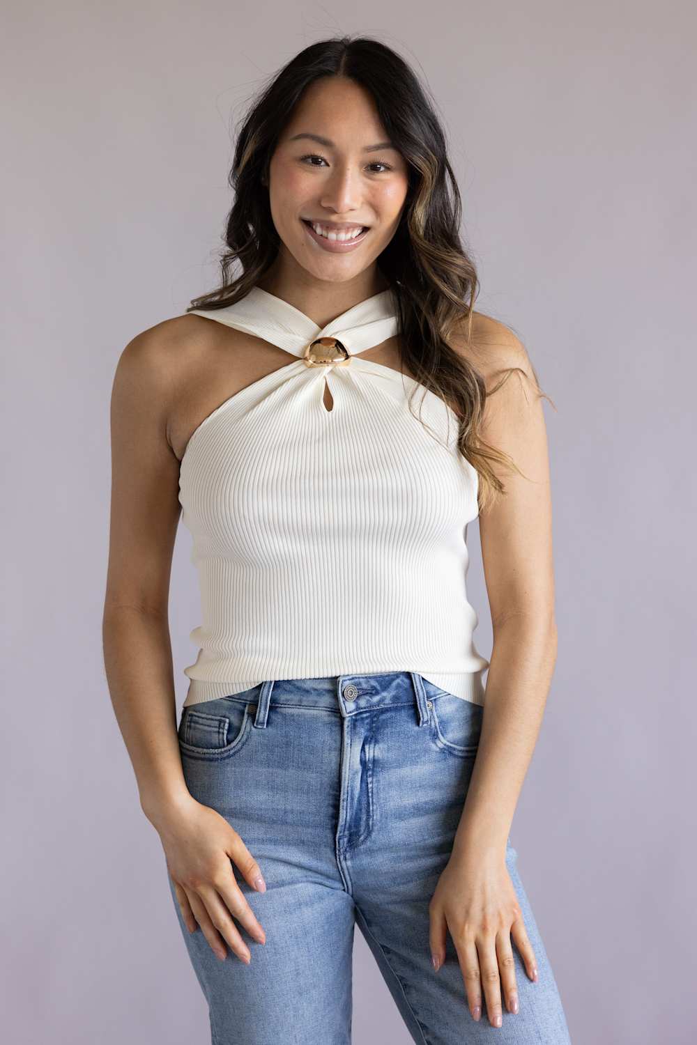 Cropped Gold Button Halter Top for Women in Ivory