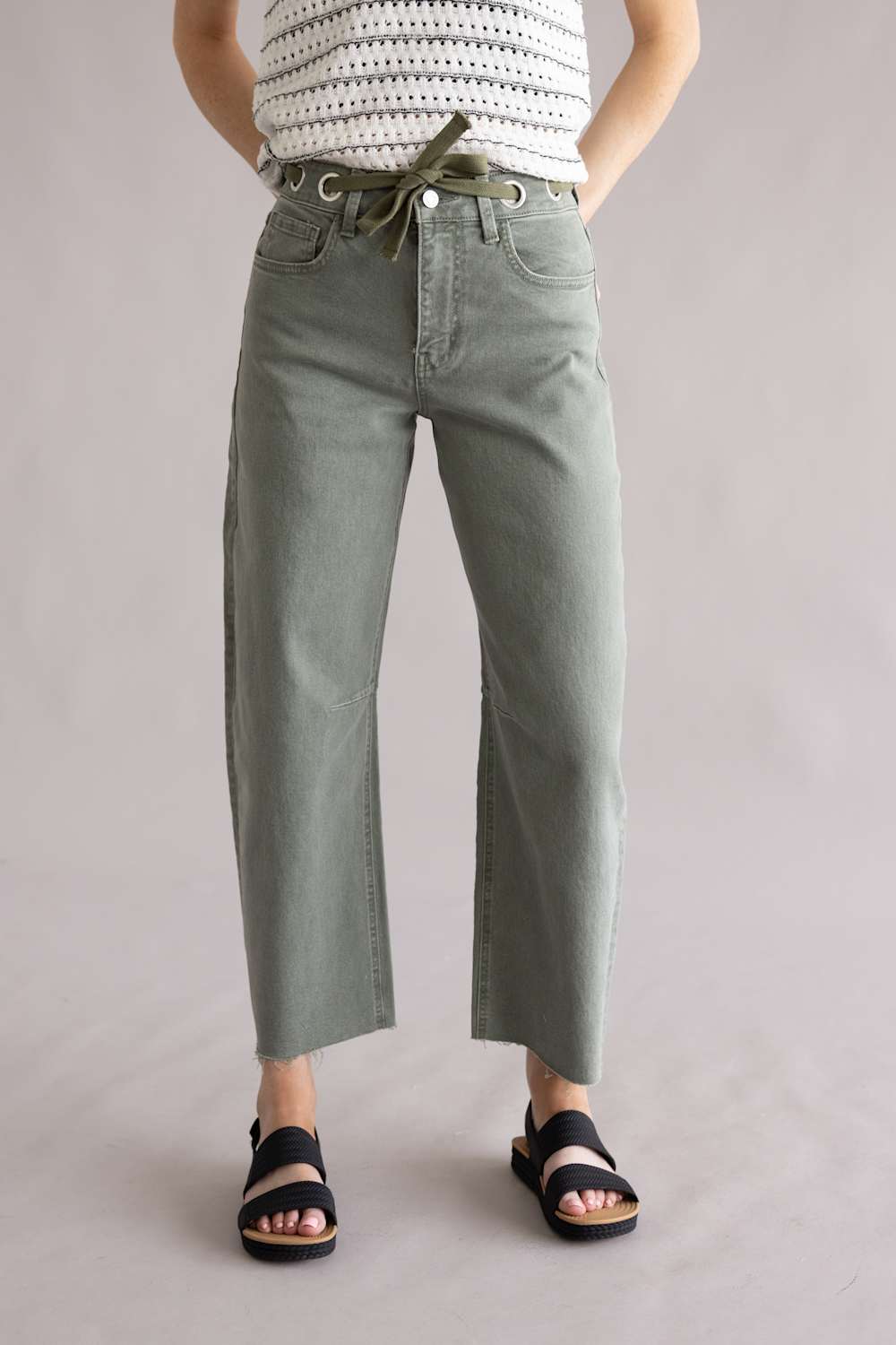Vervet Drawstring High Rise Wide Barrel Jeans for Women in Green
