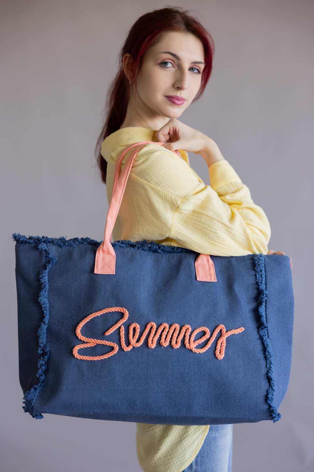 Summer Rope Canvas Tote Bag in Navy/Pink