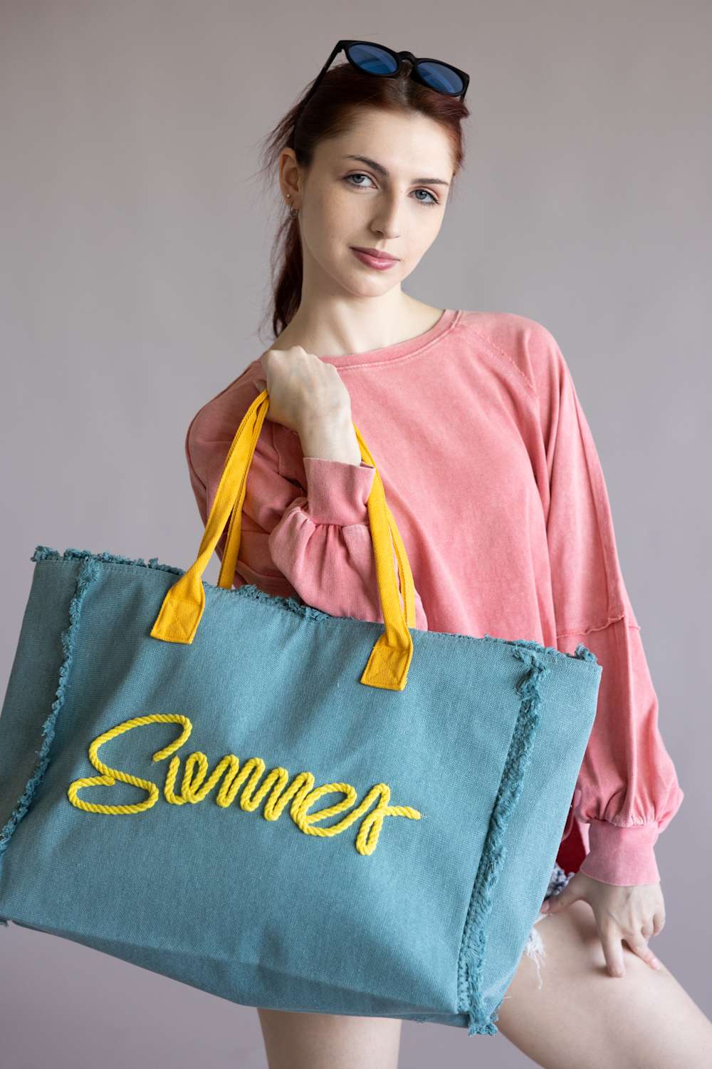Summer Rope Canvas Tote Bag - Teal/Yellow