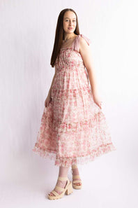 Blu Pepper Tiered Printed Floral Midi Dress for Women in Pink
