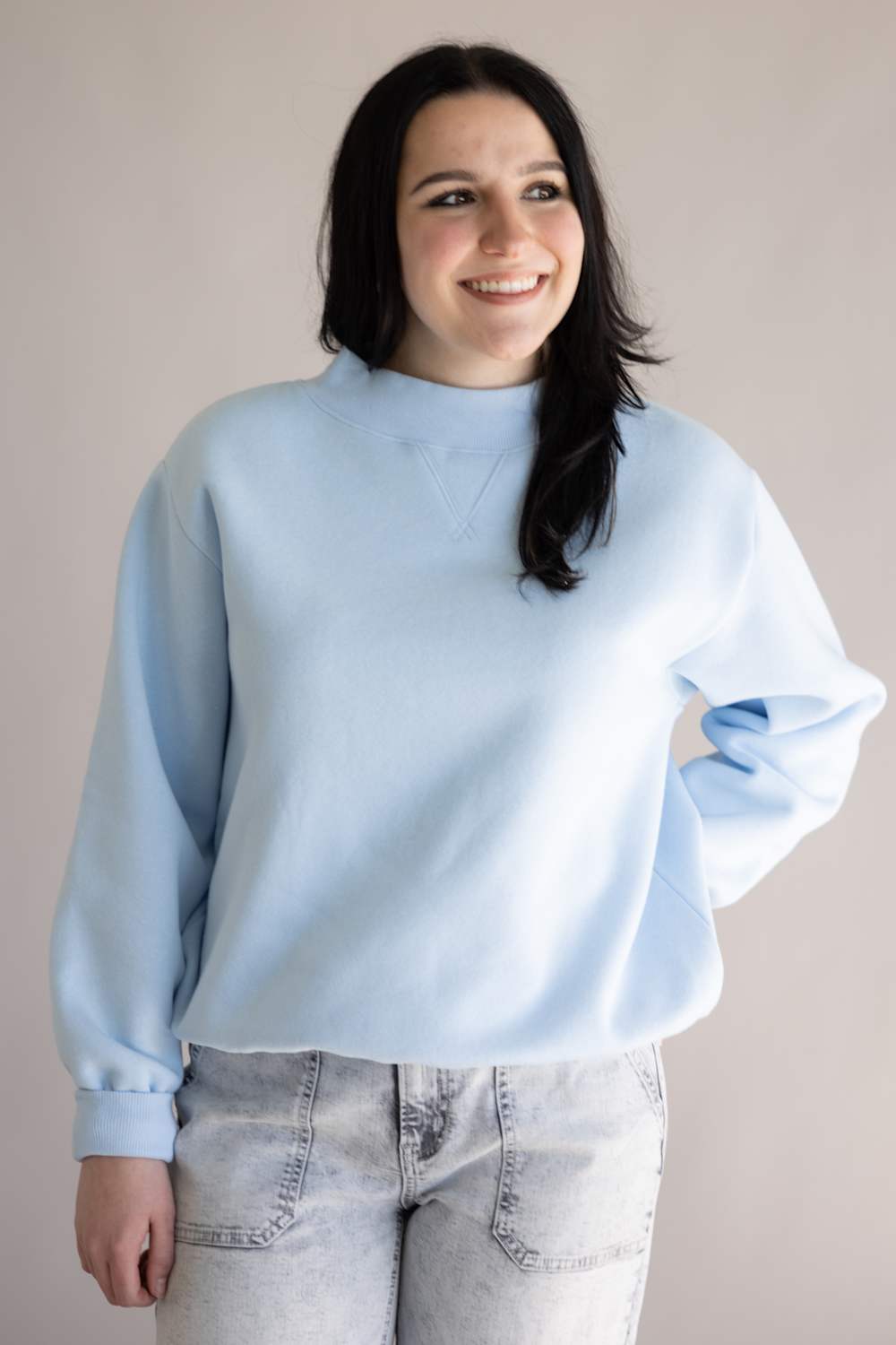 Things Between Mock Neck Fleece Pullover for Women in Baby Blue