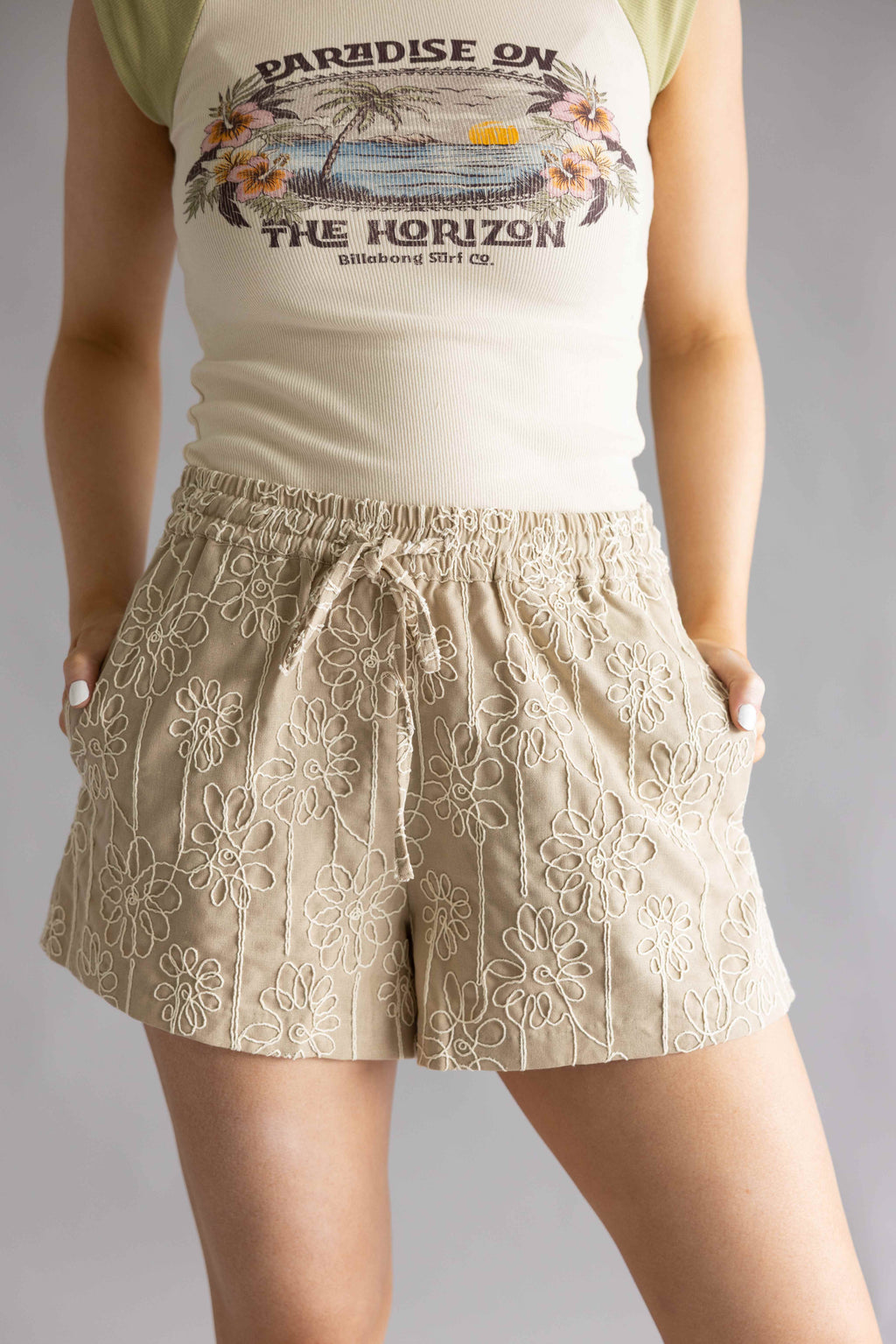 Wishlist Embroidered Floral Drawstring Shorts for Women in Mocha