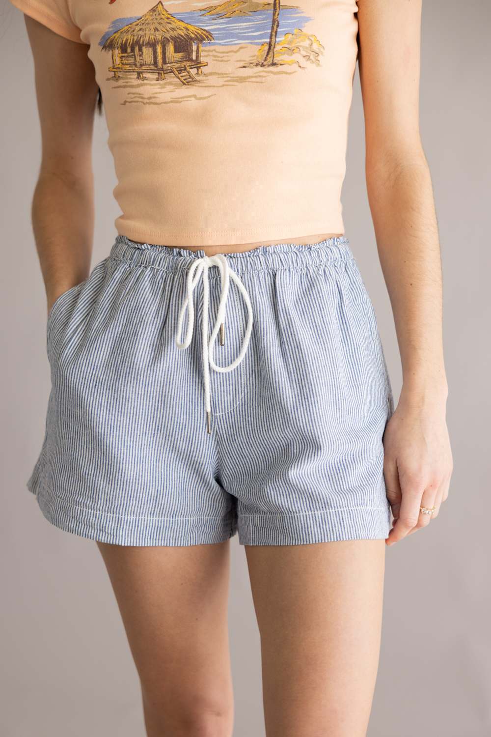 Pinstripe Drawstring Linen Shorts for Women in Indigo