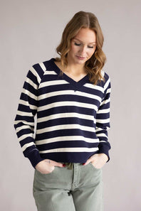 C&C California Delilah Striped V-Neck Pullover for Women in Navy/Off-White