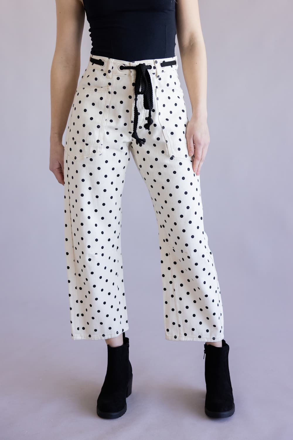 Aaron & Amber Drawstring Polka Dot Barrel Jeans for Women in Cream