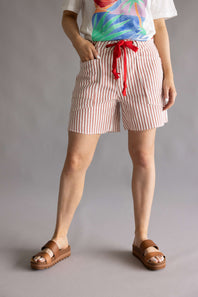 Aaron & Amber Stripe Baggy Denim Shorts for Women in Rust