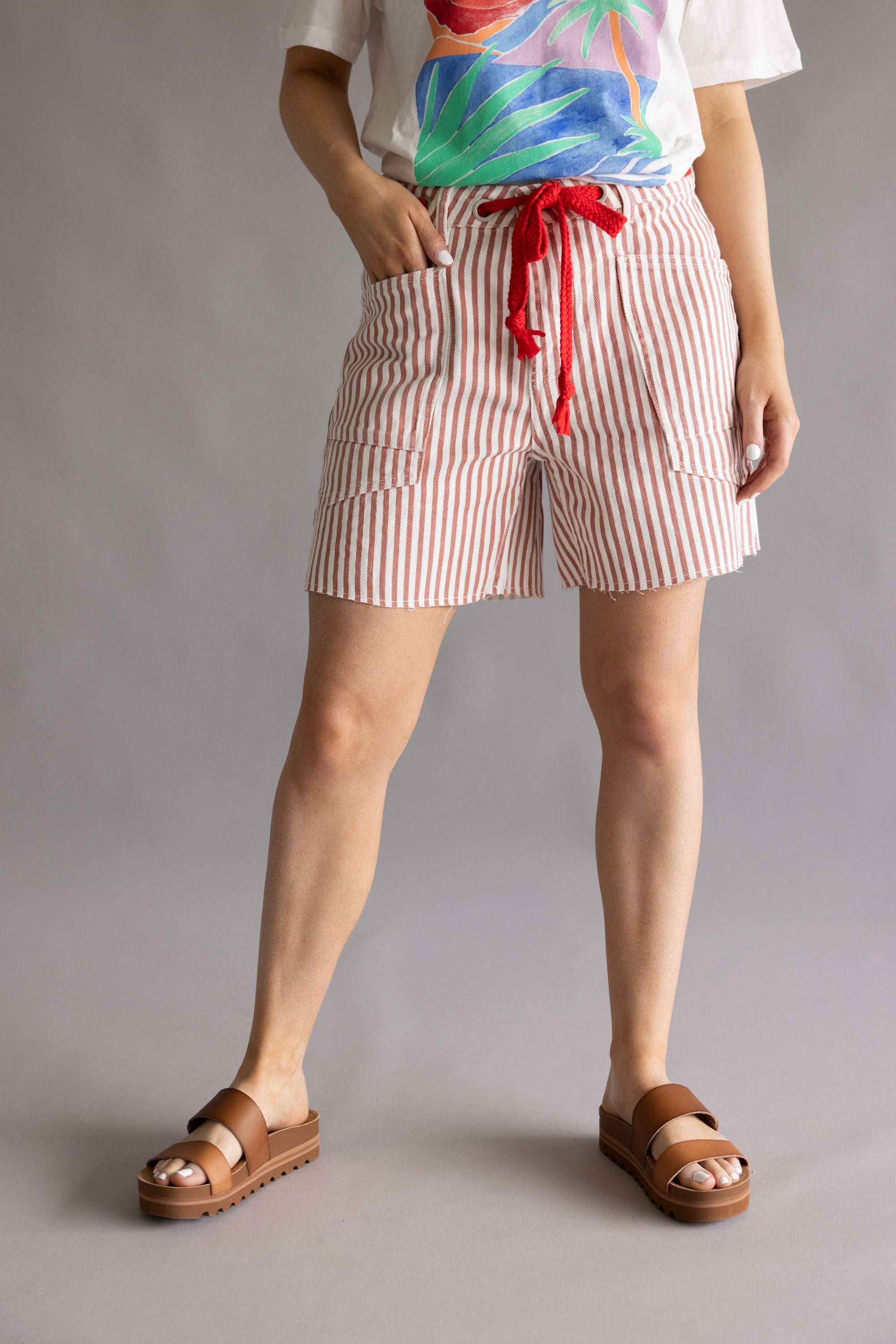 Aaron & Amber Stripe Baggy Denim Shorts for Women in Rust