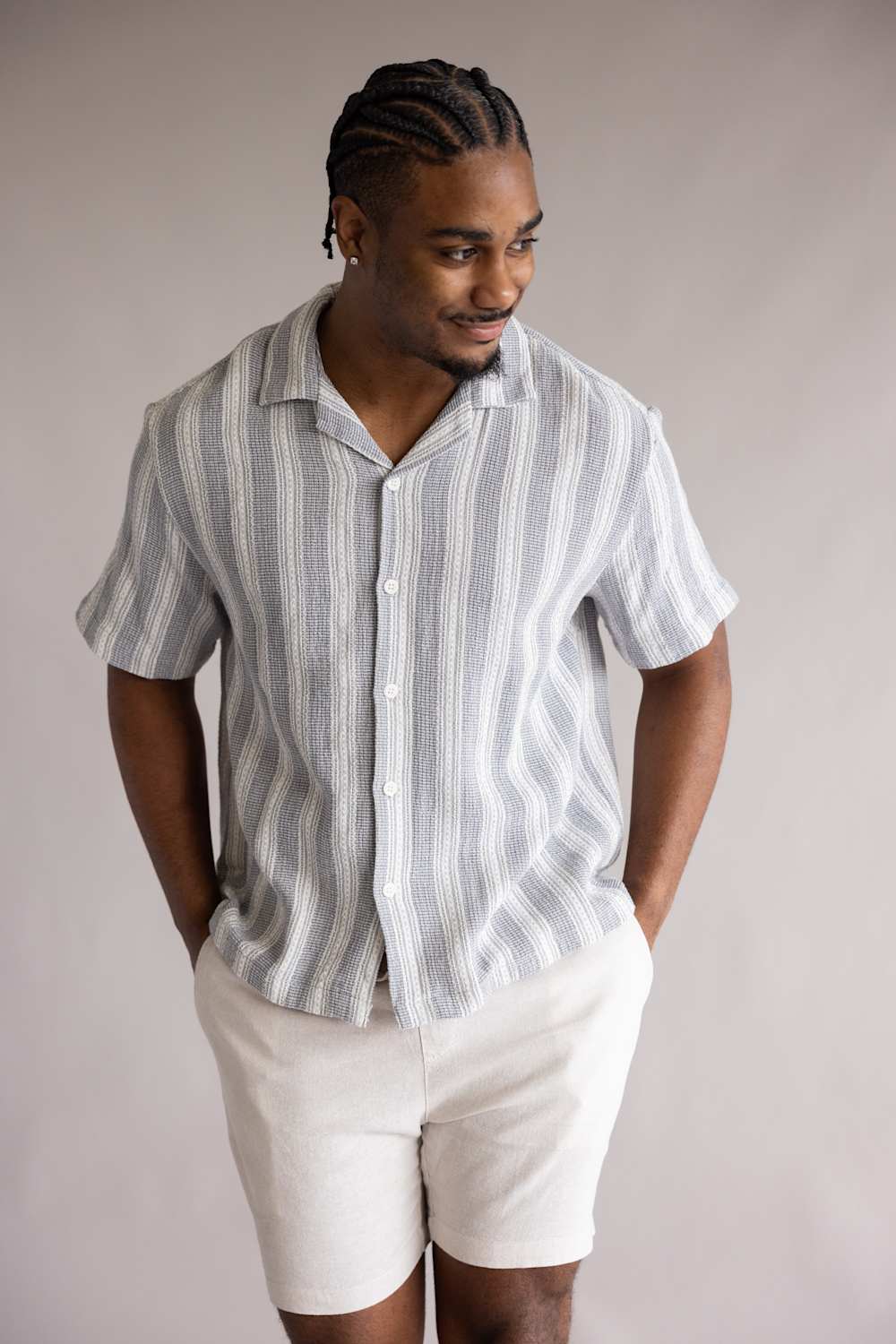 Denim & Flower Crochet Textured Button Up Shirt for Men in Grey/White