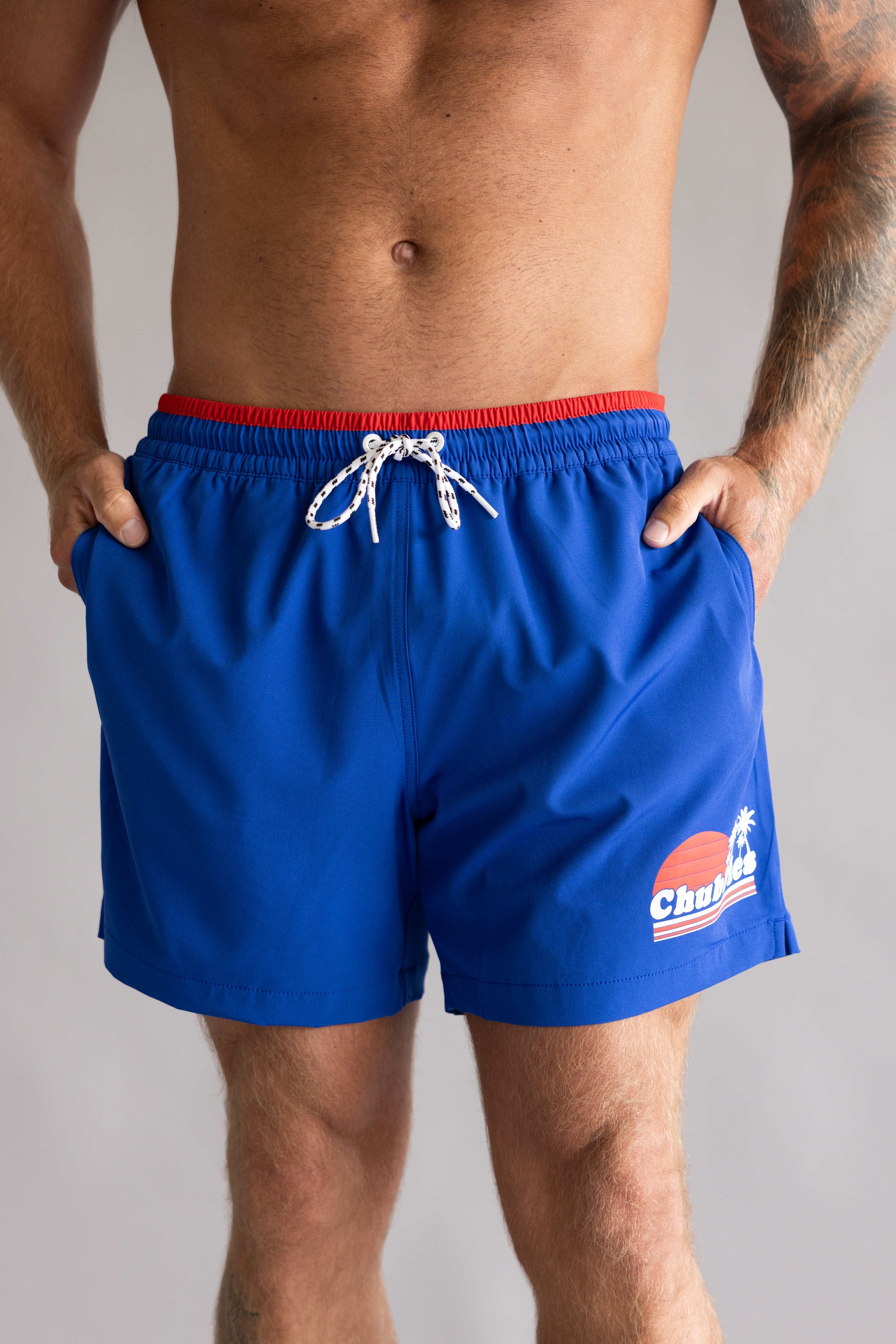 Chubbies Classic Ol’ College Try 5.5” Swim Trunks for Men in Bright Blue
