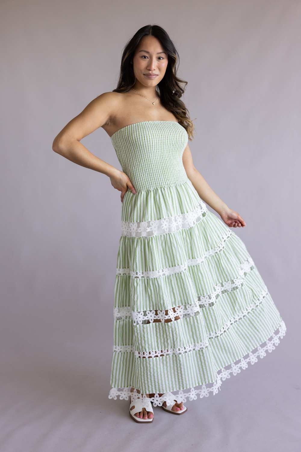 Striped Eyelet Lace Strapless Midi Dress for Women in Sage Green