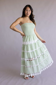Striped Eyelet Lace Strapless Midi Dress for Women in Sage Green