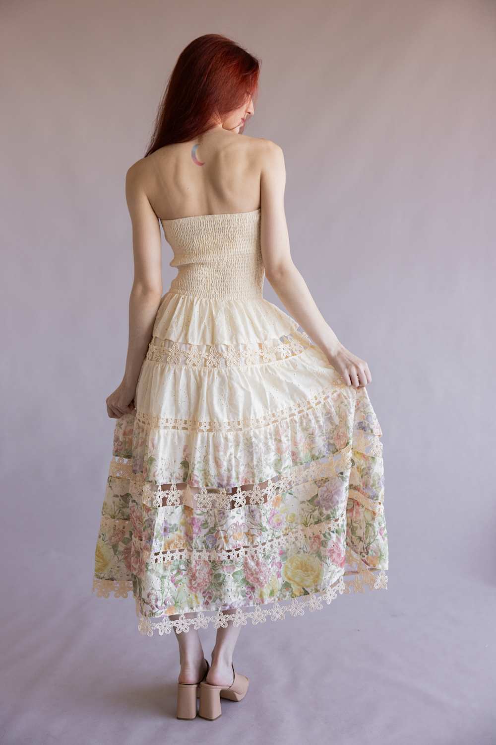 Strut & Bolt Floral Eyelet Strapless Midi Dress for Women in Cream/Multi at Glik's , M