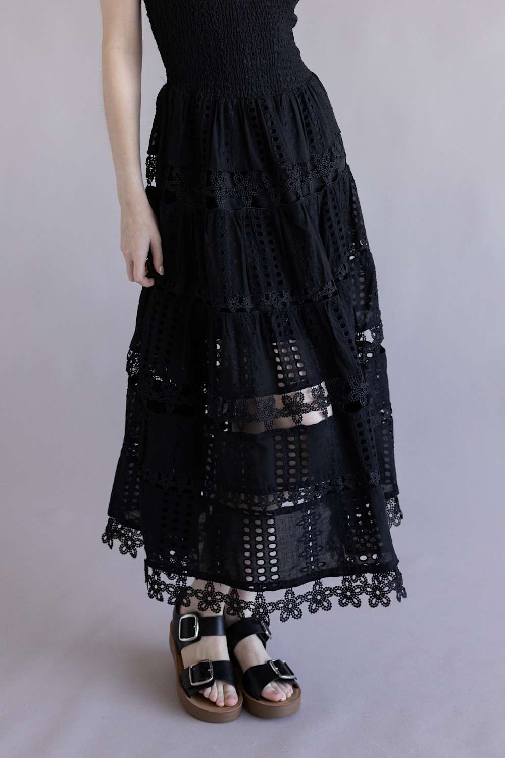 Eyelet Lace Strapless Midi Dress for Women in Black