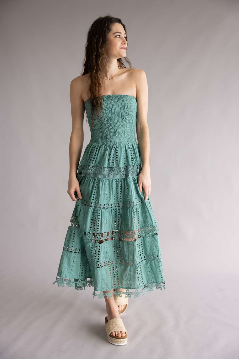 Eyelet Lace Strapless Midi Dress for Women in Beryl Green