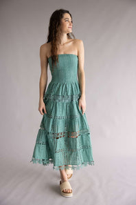 Eyelet Lace Strapless Midi Dress for Women in Beryl Green