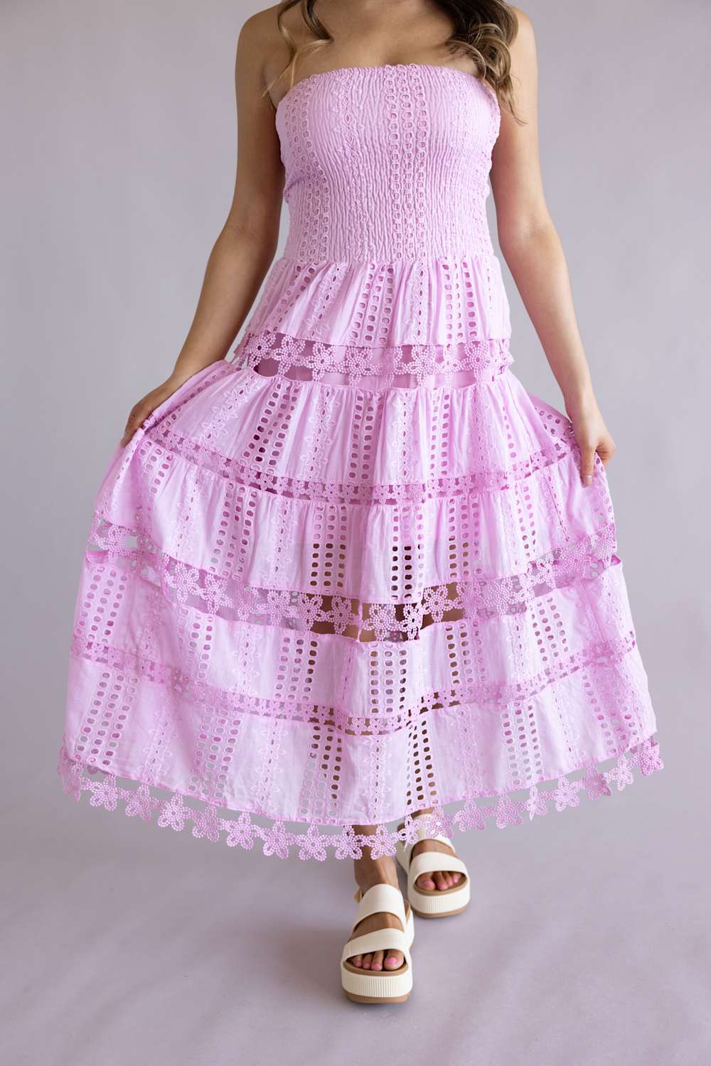 Eyelet Lace Strapless Midi Dress for Women in Mellow Mauve